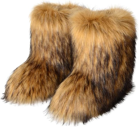 Snow Boots for Women 2023 Furry Boots Winter Knee High Flat Heel Fluffy Faux Fur Boots